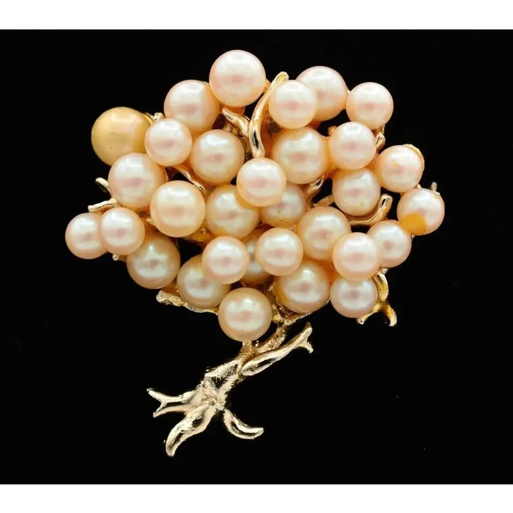 Vintage Tree Pin Brooch Faux Pearl Cluster Gold Tone Chunky Heavy 1980s BinAT